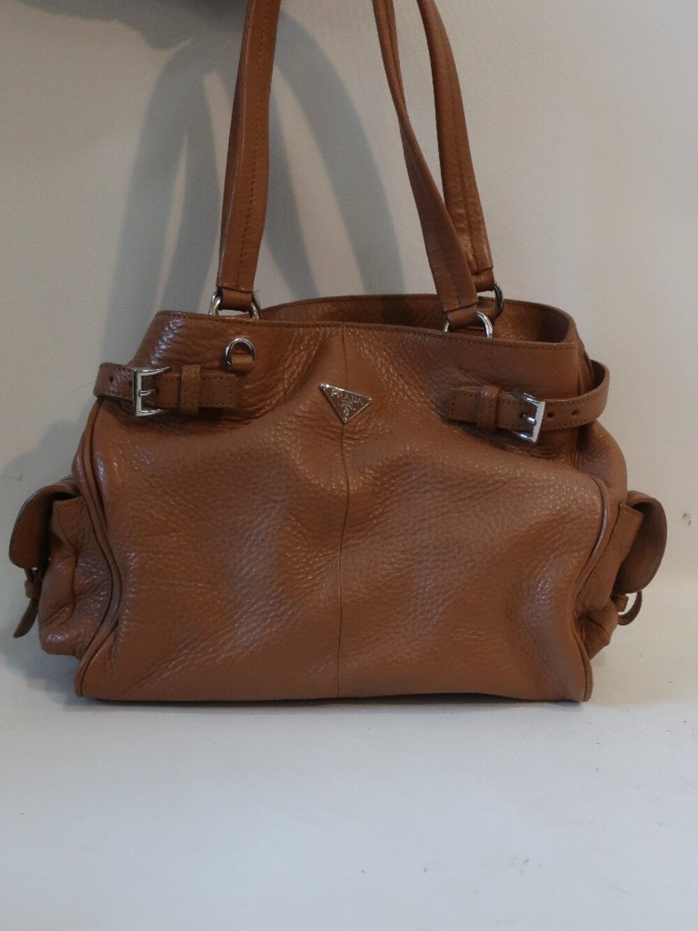 Women Prada Vitello Daino Tobacco Brown Pebbled Leather Shoulder Satchel Handbag